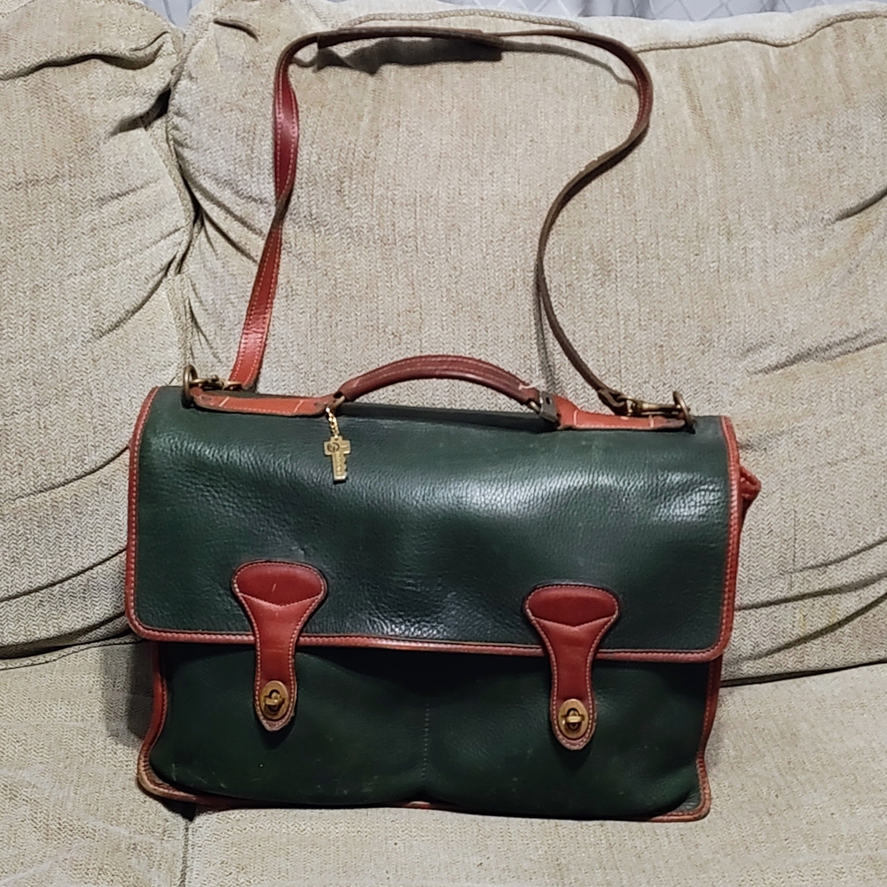 Green and Brown Leather Briefcase with Adjustable Strap
